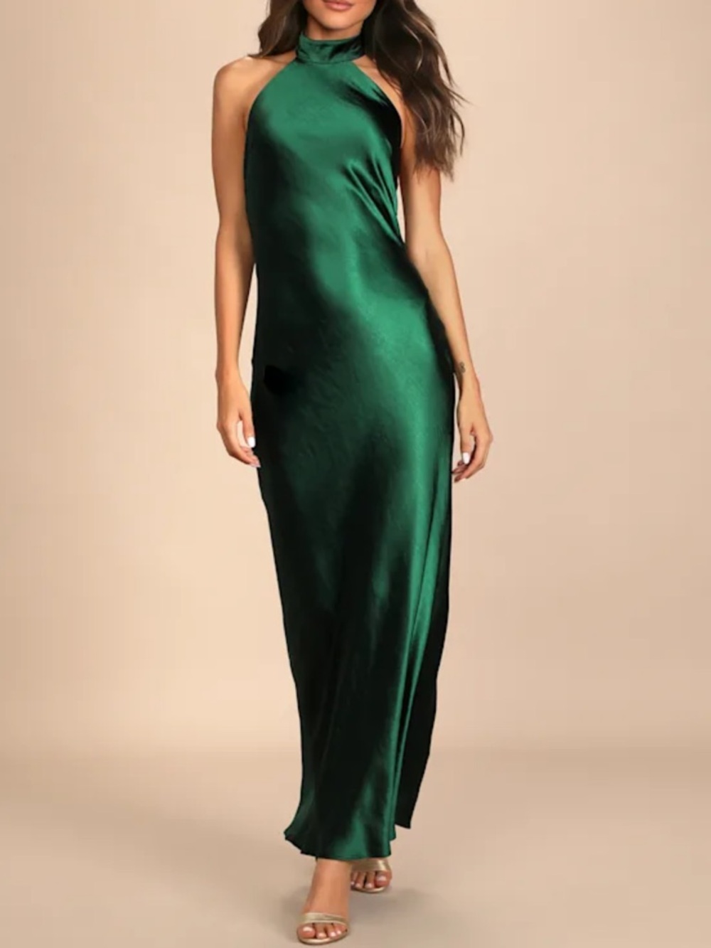 NWT Lulus Love in Your Life Emerald Green Satin Halter Maxi Dress